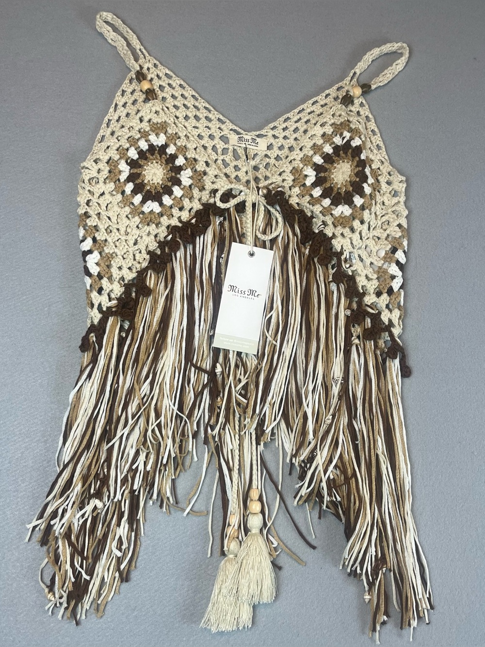 NWT Miss Me Crochet Fringe Small Boho Granny Square Festival Western Vest